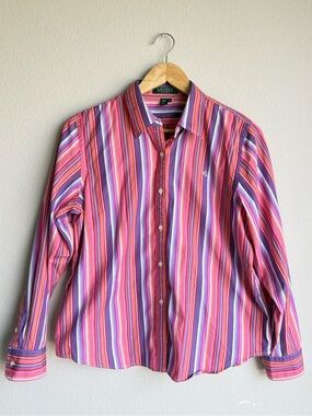 Ralph Lauren 100% Cotton Pink and Purple Multi-Stripe Button-Down Shirt
